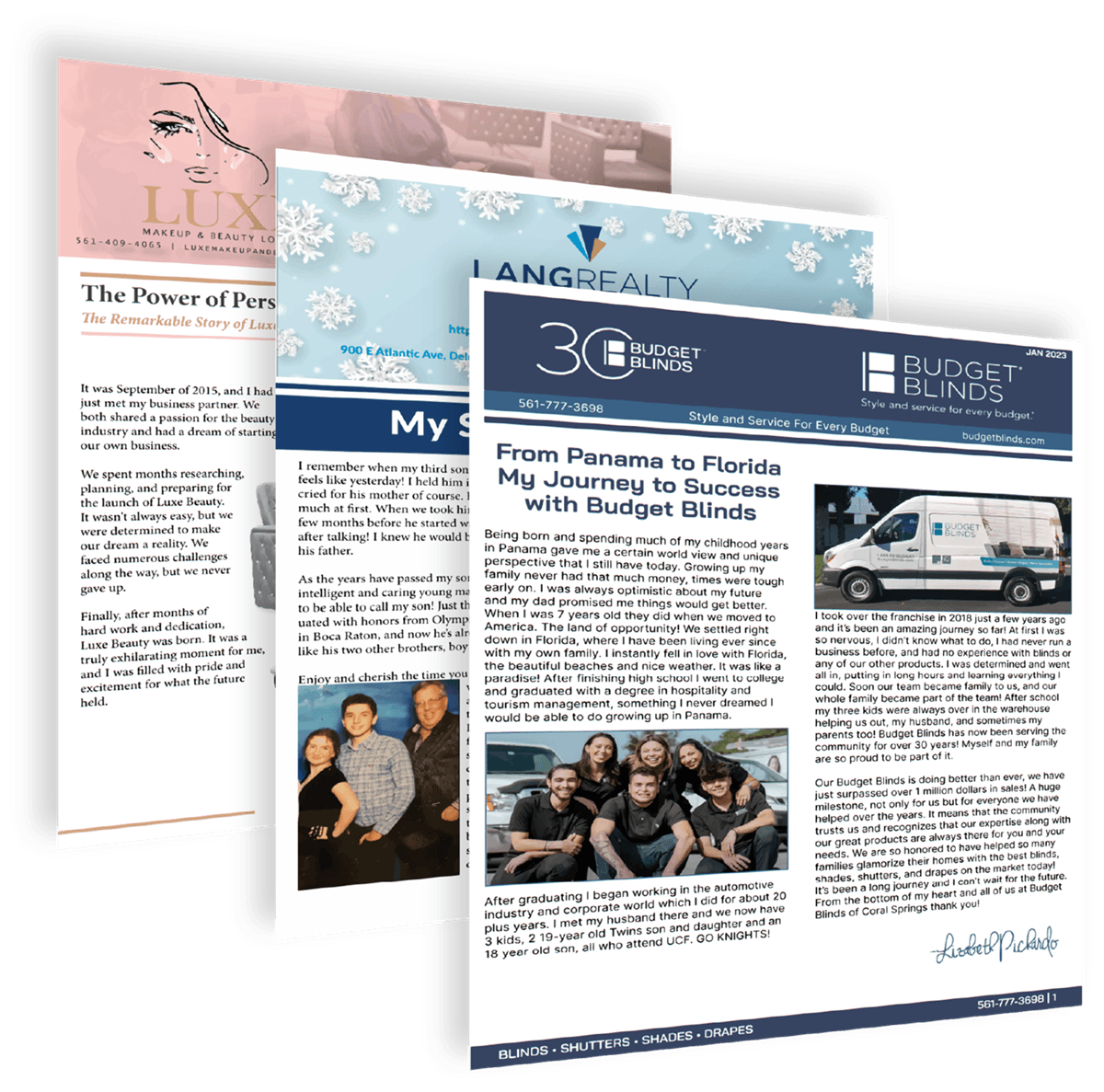 Three printed client newsletters fanned out at an angle with their front pages showing.
